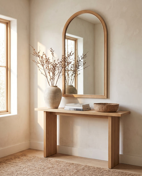 Arched Wall Mirror in Light Oak styled at home