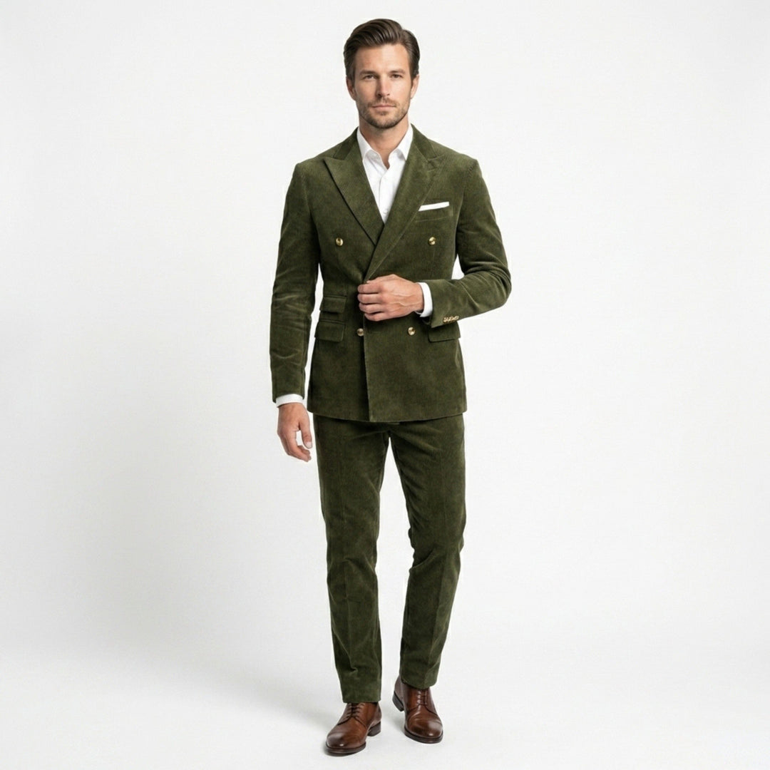 Men’s Tailored Double Breasted Suit Set – Six Button Corduroy