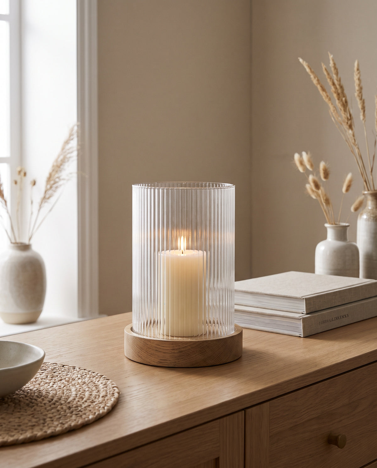 Reeded Glass Hurricane Candle Holder styled at home