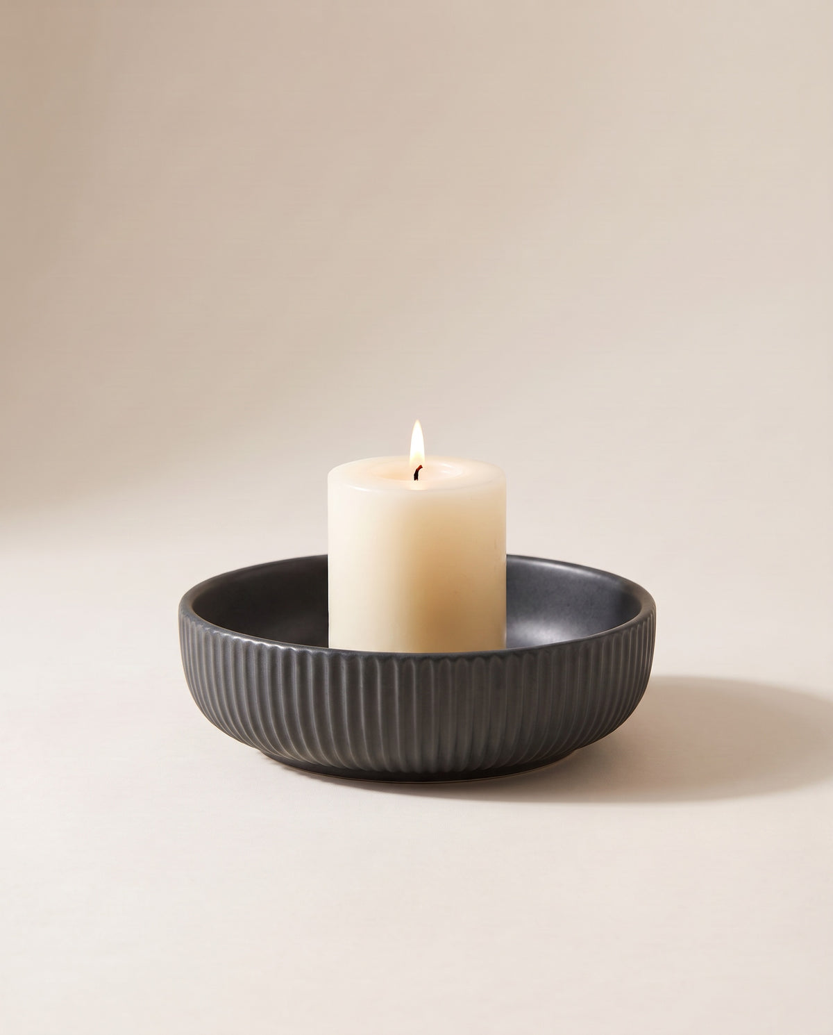 Ribbed Ceramic Pillar Candle Holder in Charcoal