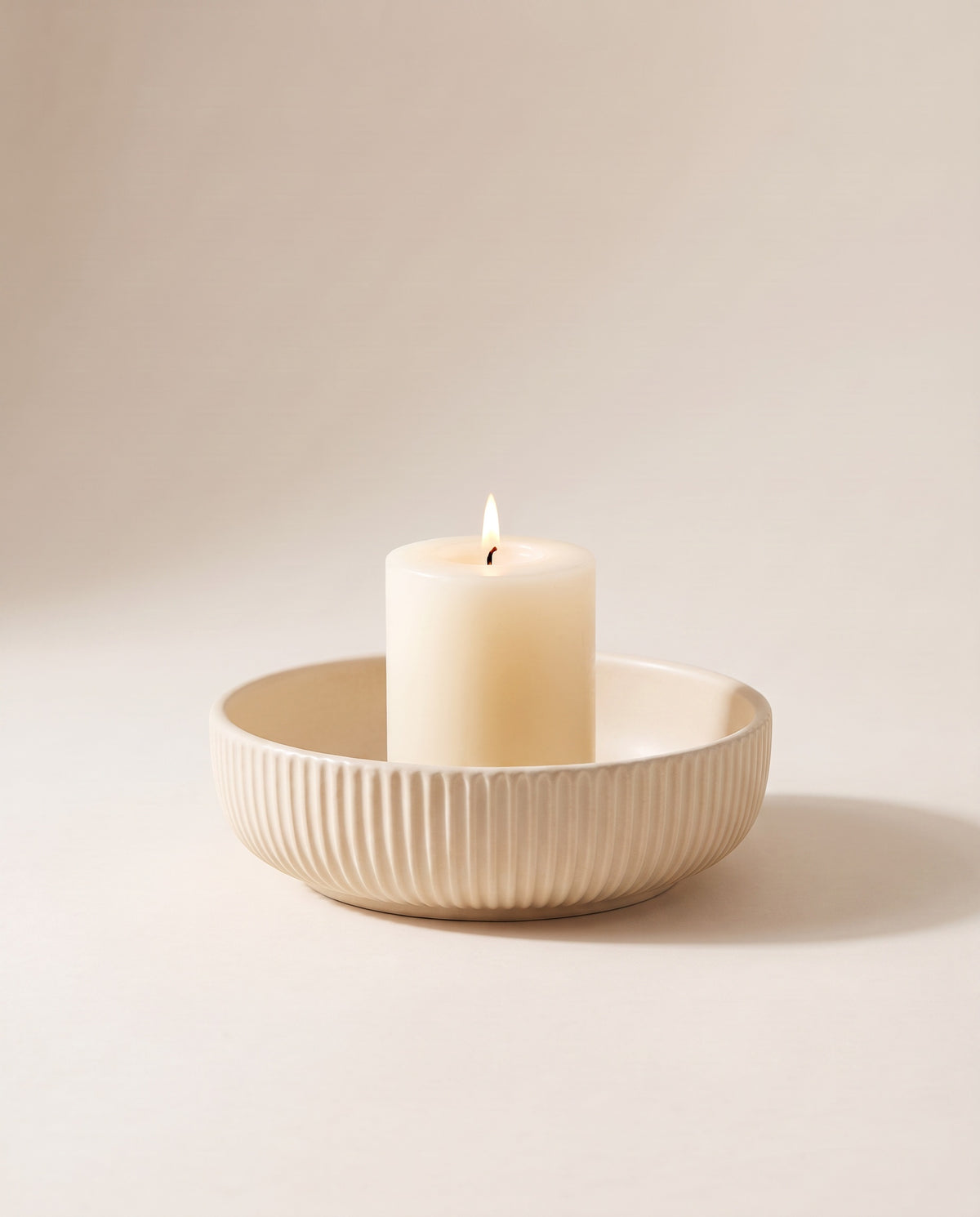 Ribbed Ceramic Pillar Candle Holder in Cream