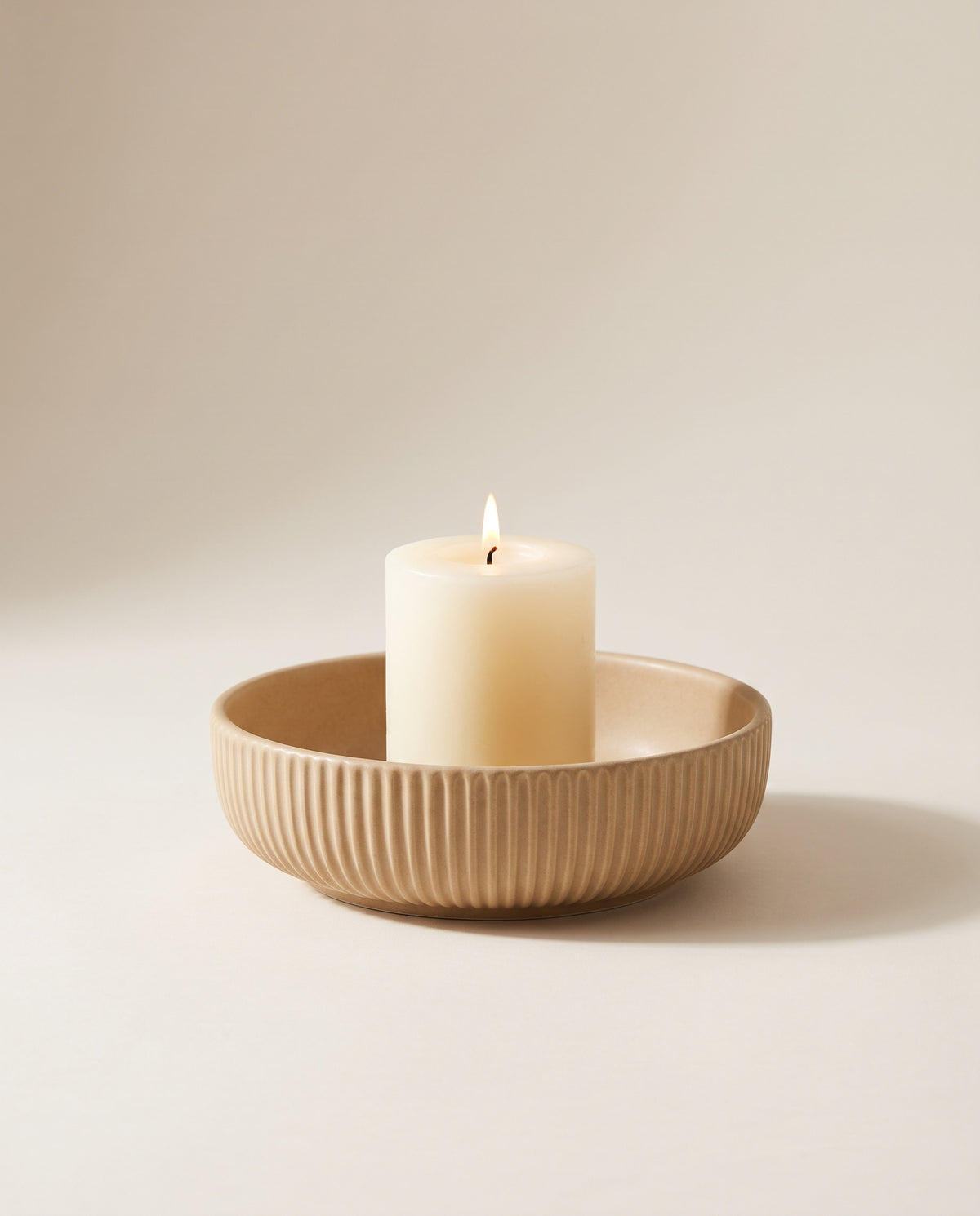 Ribbed Ceramic Pillar Candle Holder in Sand