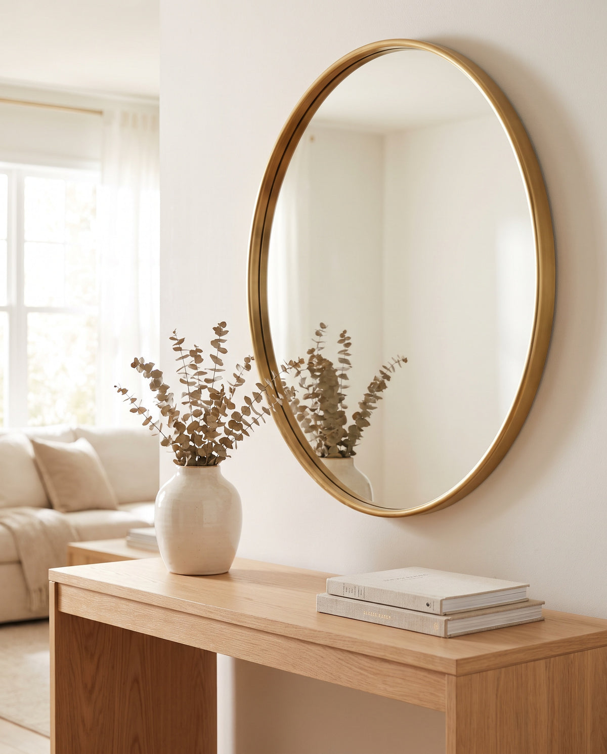 Round Mirror with Thin Brass Frame styled at home