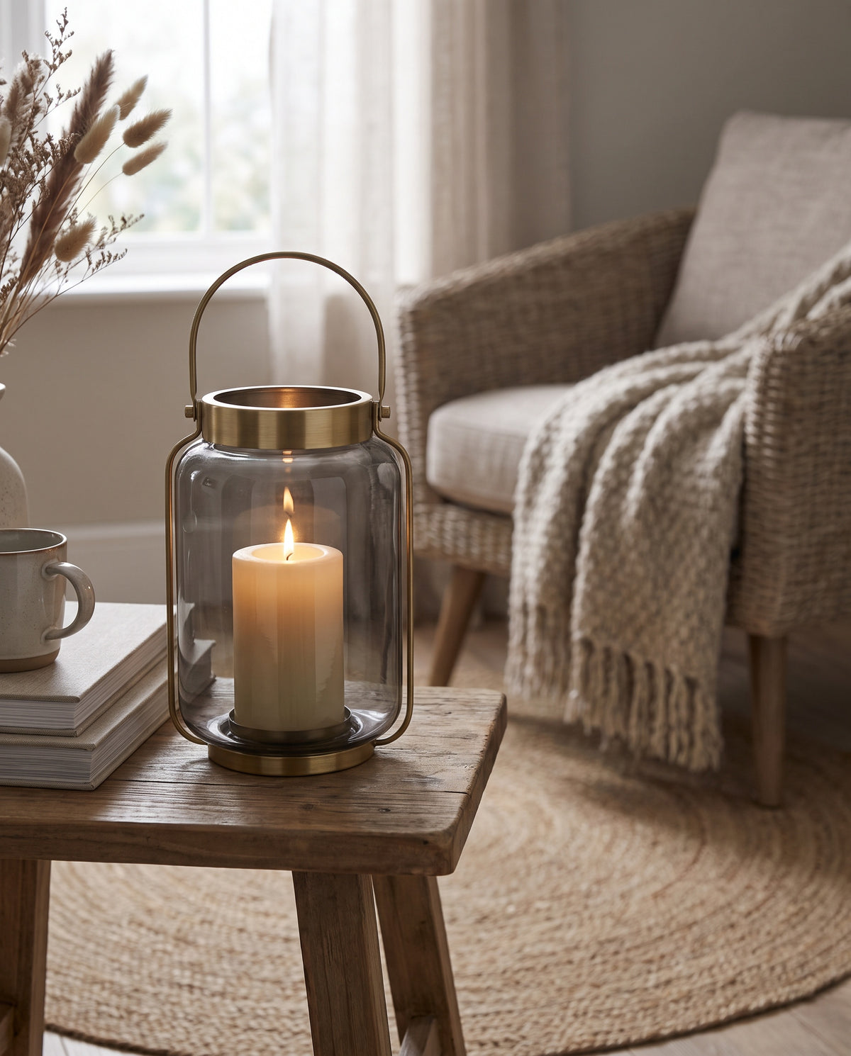 Smoked Glass Lantern with Brass Detail styled at home