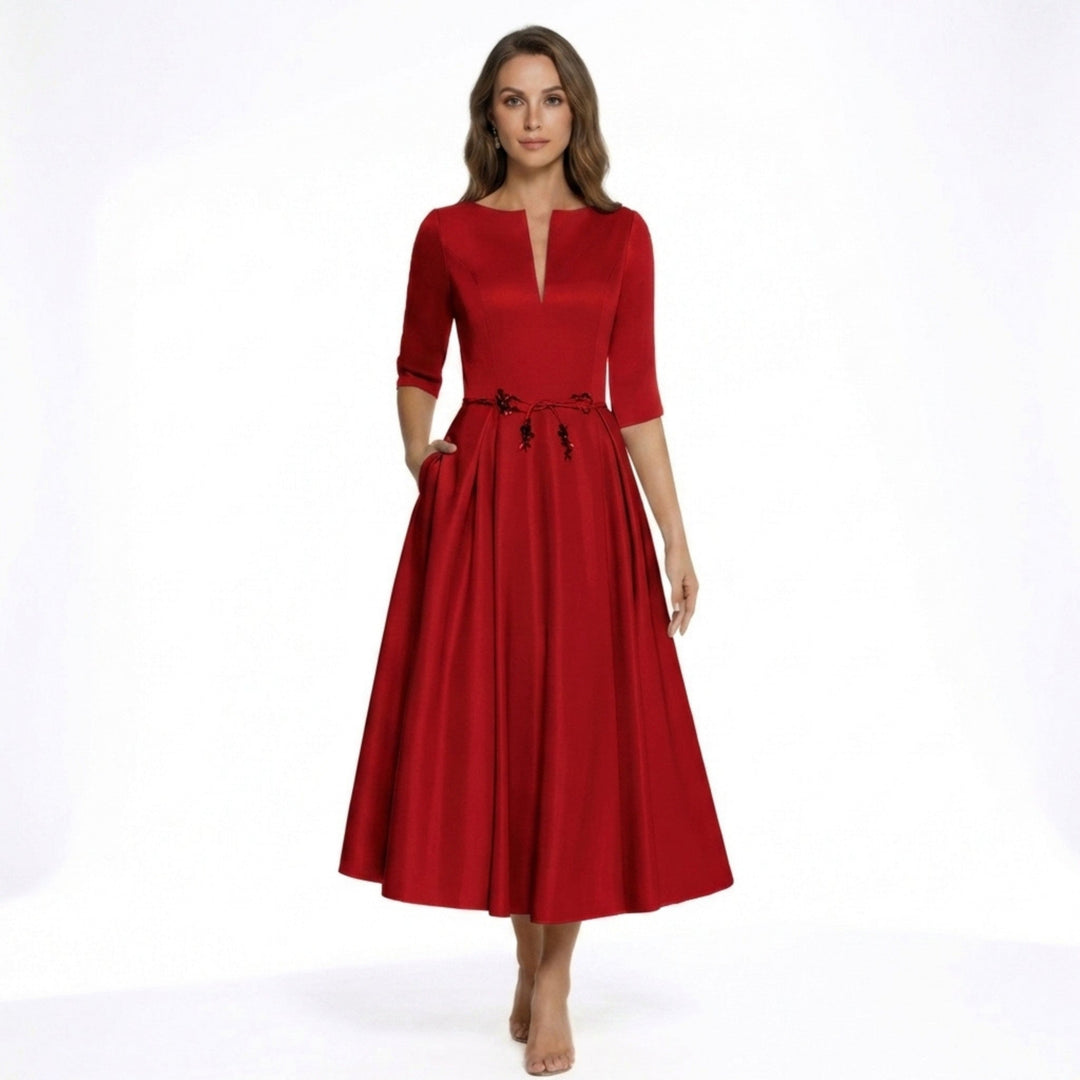 Women’s V Neck Midi Dress – A Line Satin