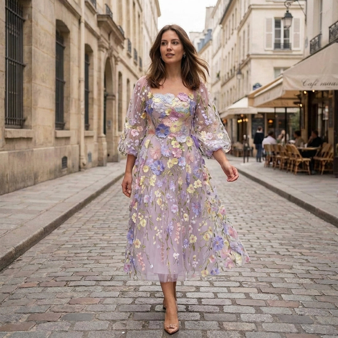 Women’s Square Neck Midi Dress – A Line Appliqué Tulle