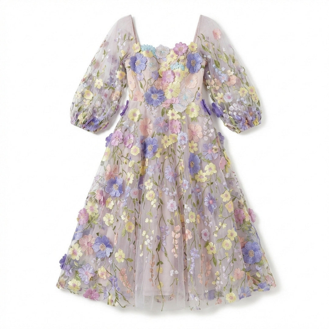 Women’s Square Neck Midi Dress – A Line Appliqué Tulle