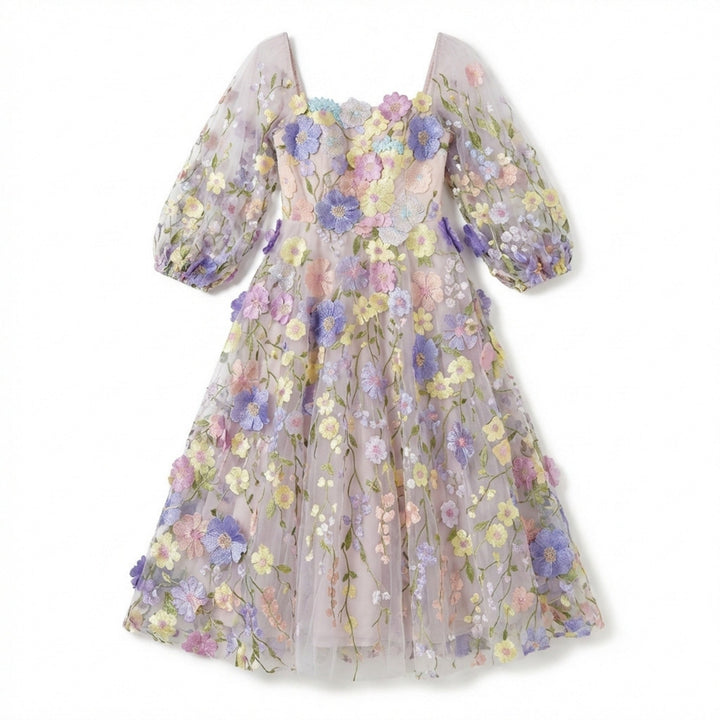 Women’s Square Neck Midi Dress – A Line Appliqué Tulle