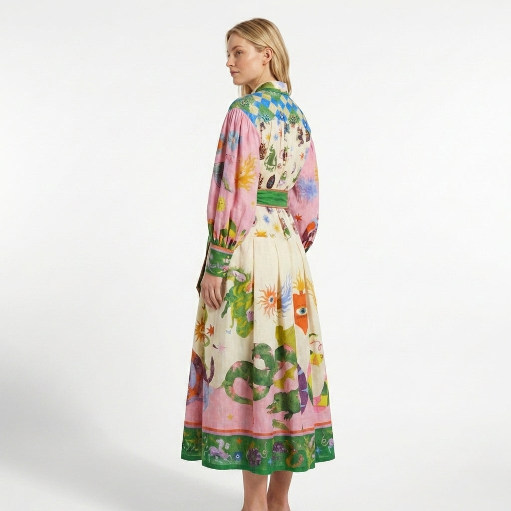 Women’s Button Front Maxi Dress – Long Sleeve Tie Waist