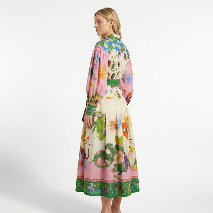 Women’s Button Front Maxi Dress – Long Sleeve Tie Waist