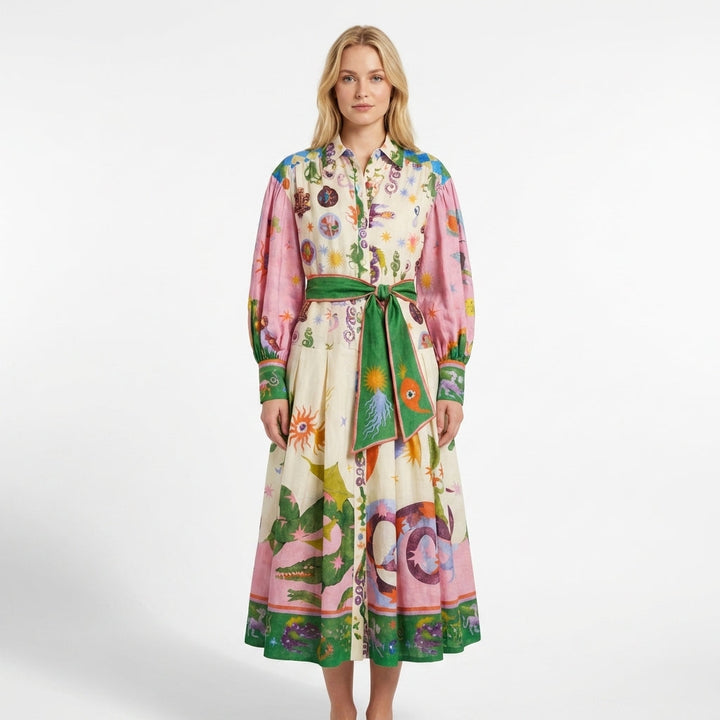 Women’s Button Front Maxi Dress – Long Sleeve Tie Waist