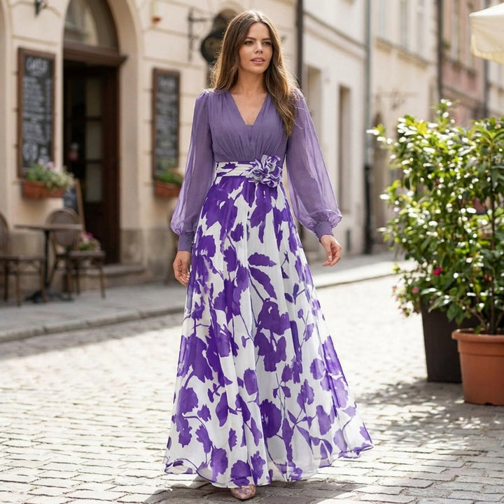Women’s V Neck Maxi Dress – A Line Chiffon