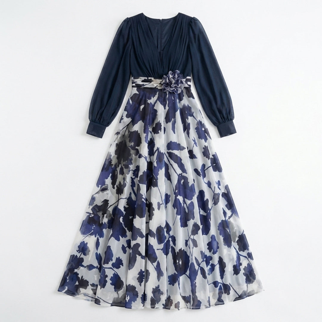 Women’s V Neck Maxi Dress – A Line Chiffon