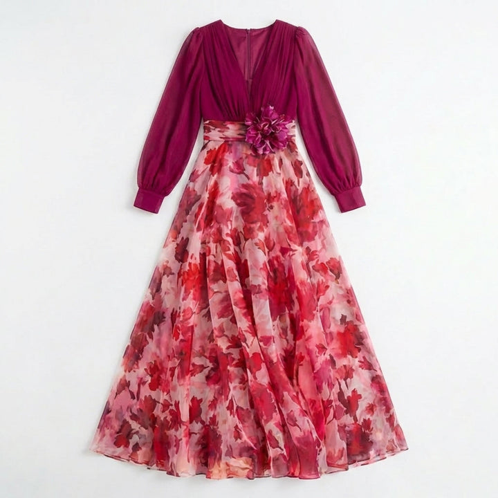 Women’s V Neck Maxi Dress – A Line Chiffon