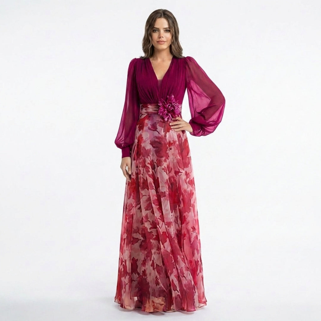 Women’s V Neck Maxi Dress – A Line Chiffon