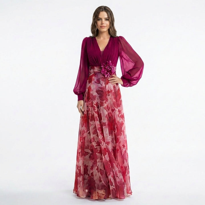 Women’s V Neck Maxi Dress – A Line Chiffon