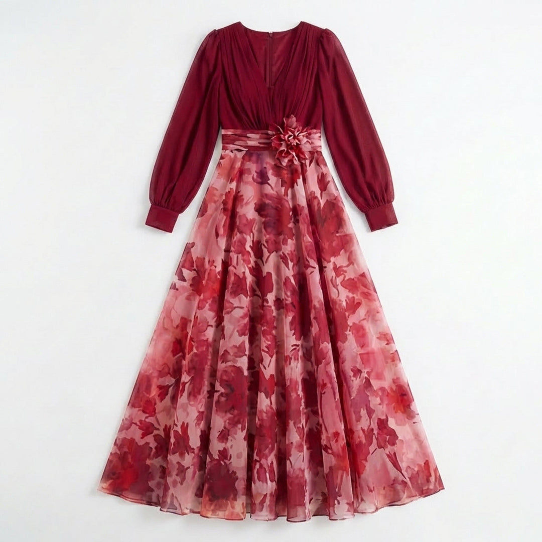Women’s V Neck Maxi Dress – A Line Chiffon