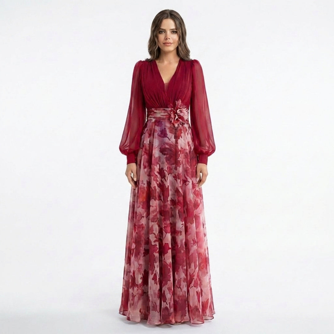 Women’s V Neck Maxi Dress – A Line Chiffon