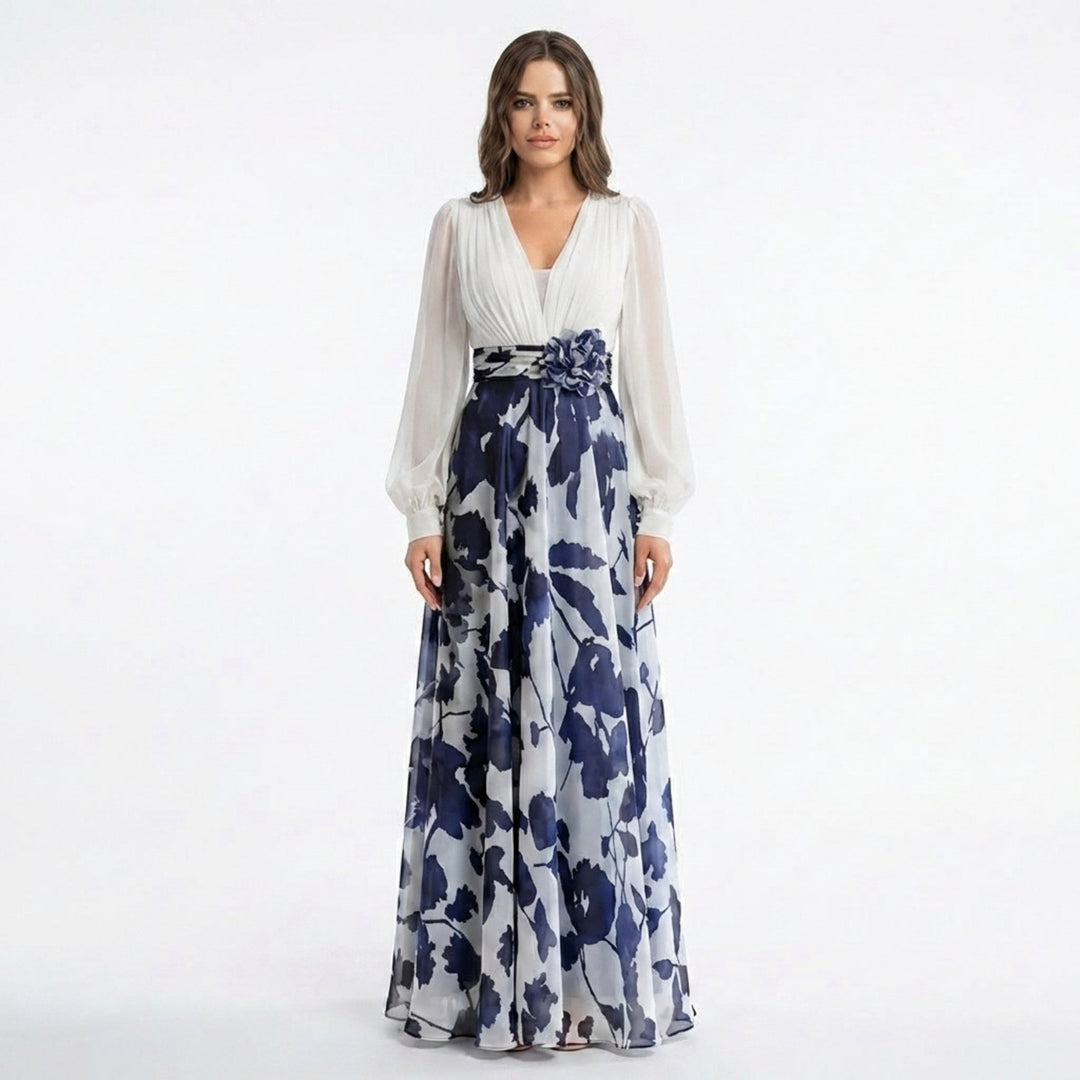 Women’s V Neck Maxi Dress – A Line Chiffon