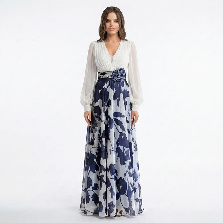 Women’s V Neck Maxi Dress – A Line Chiffon