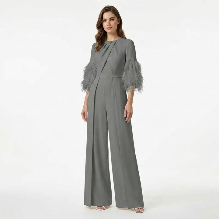 Women’s Jewel Neck Jumpsuit – Straight Leg Feather Sleeve