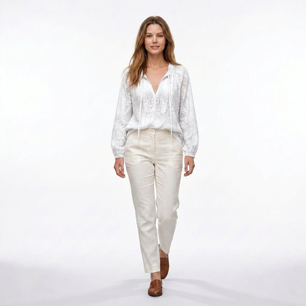 Women’s Lace Blouse – Long Sleeve Drawstring Neck