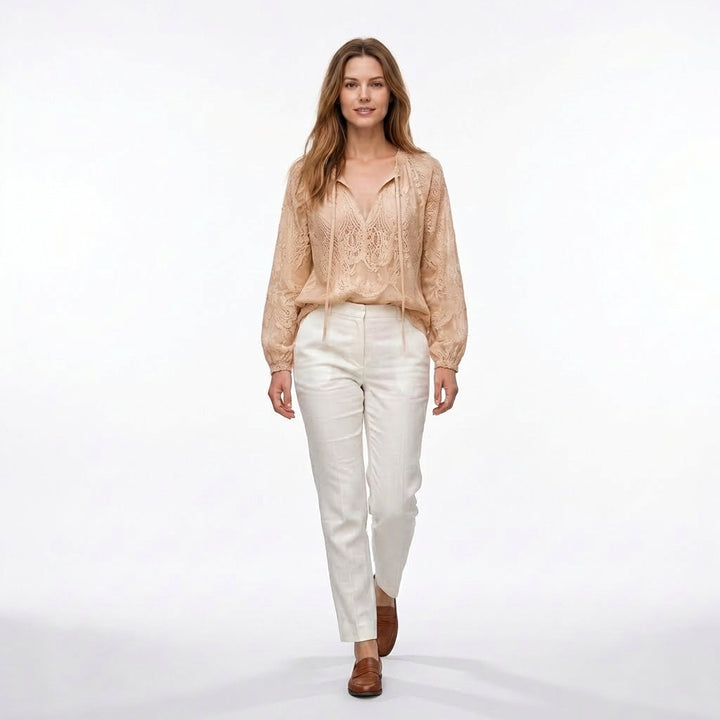 Women’s Lace Blouse – Long Sleeve Drawstring Neck