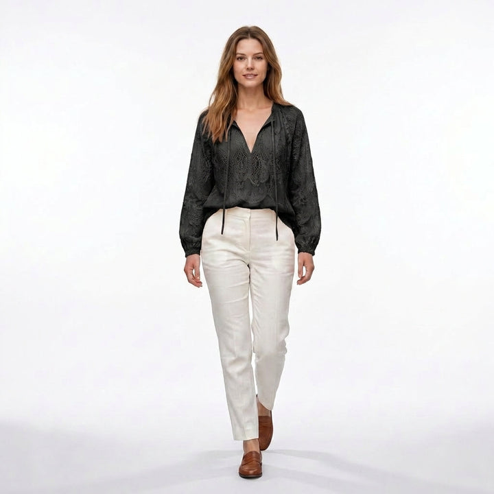 Women’s Lace Blouse – Long Sleeve Drawstring Neck