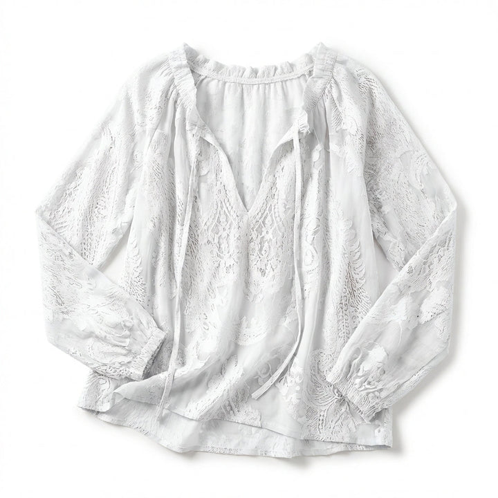 Women’s Lace Blouse – Long Sleeve Drawstring Neck