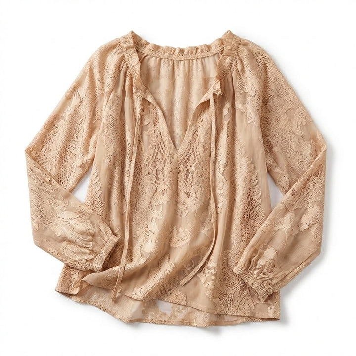 Women’s Lace Blouse – Long Sleeve Drawstring Neck