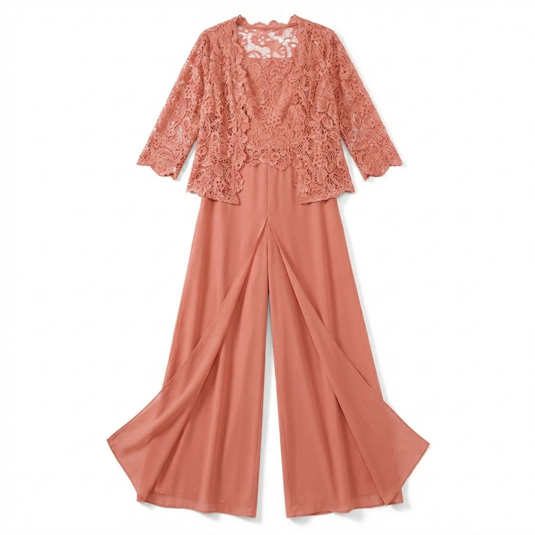 Women’s Structured Pantsuit Set – Lace Jacket Split Hem