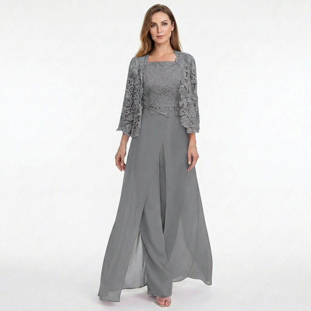 Women’s Structured Pantsuit Set – Lace Jacket Split Hem