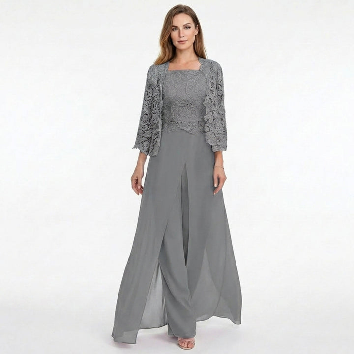 Women’s Structured Pantsuit Set – Lace Jacket Split Hem