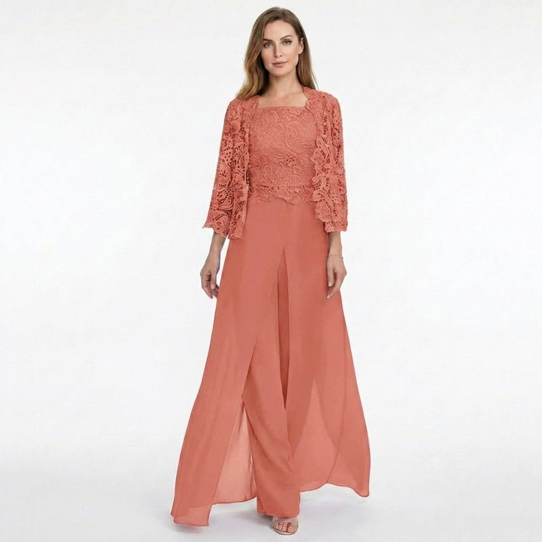 Women’s Structured Pantsuit Set – Lace Jacket Split Hem