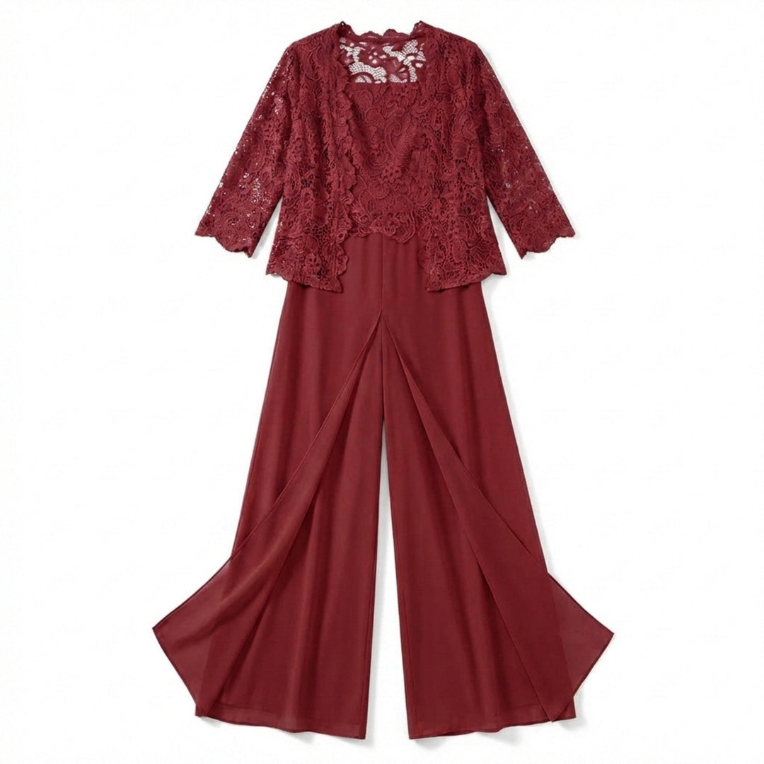 Women’s Structured Pantsuit Set – Lace Jacket Split Hem