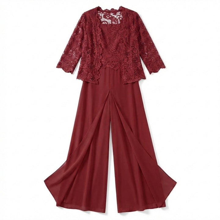Women’s Structured Pantsuit Set – Lace Jacket Split Hem