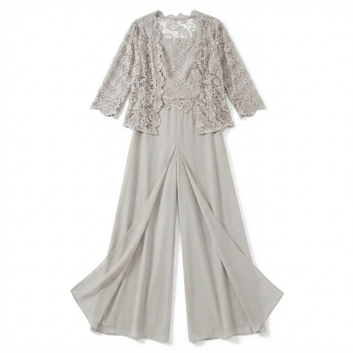 Women’s Structured Pantsuit Set – Lace Jacket Split Hem