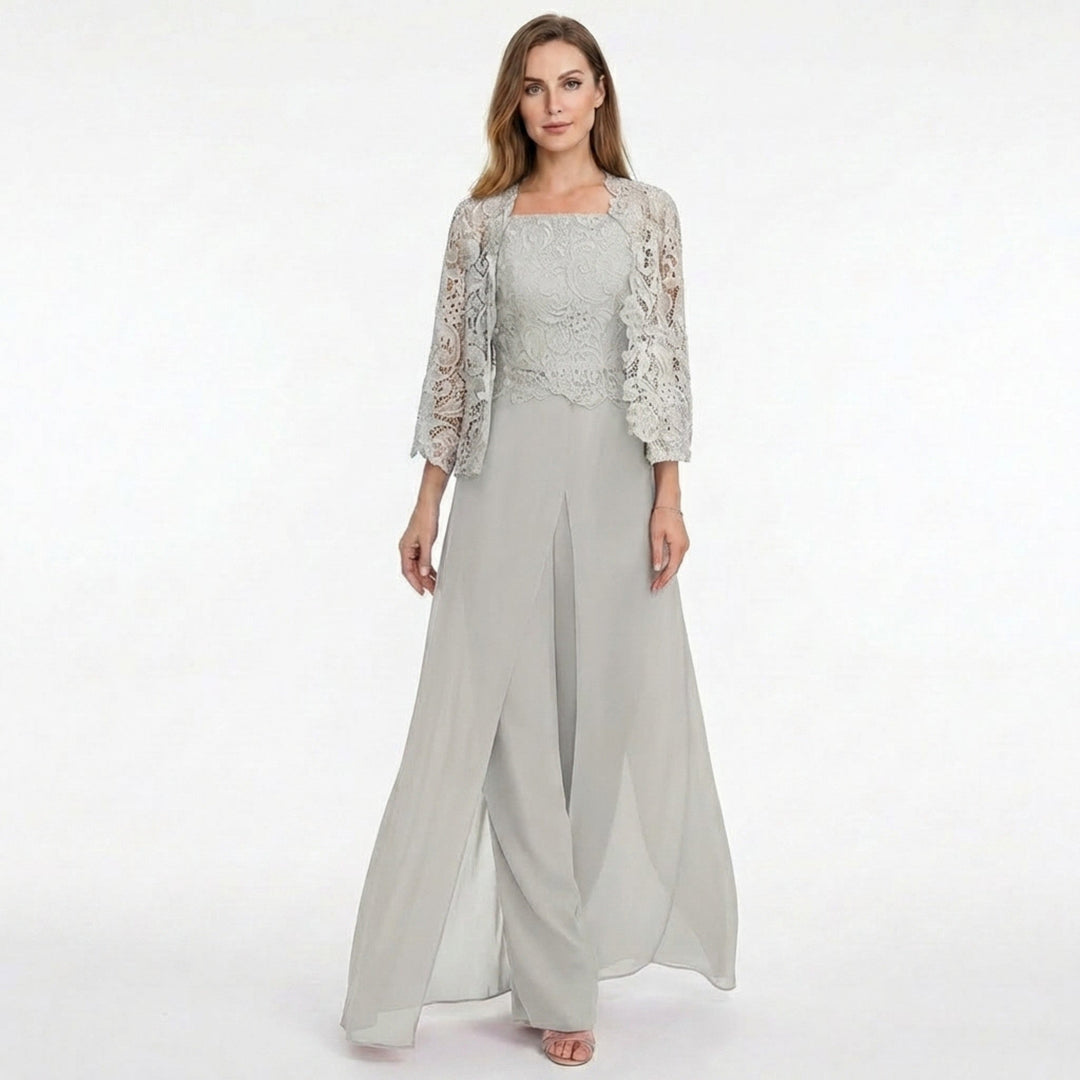 Women’s Structured Pantsuit Set – Lace Jacket Split Hem