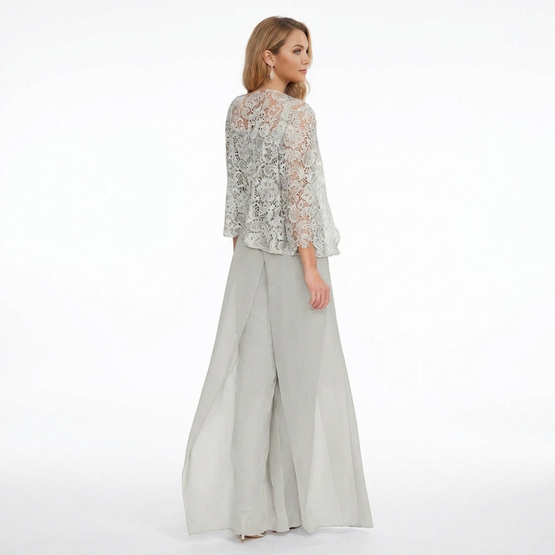 Women’s Structured Pantsuit Set – Lace Jacket Split Hem