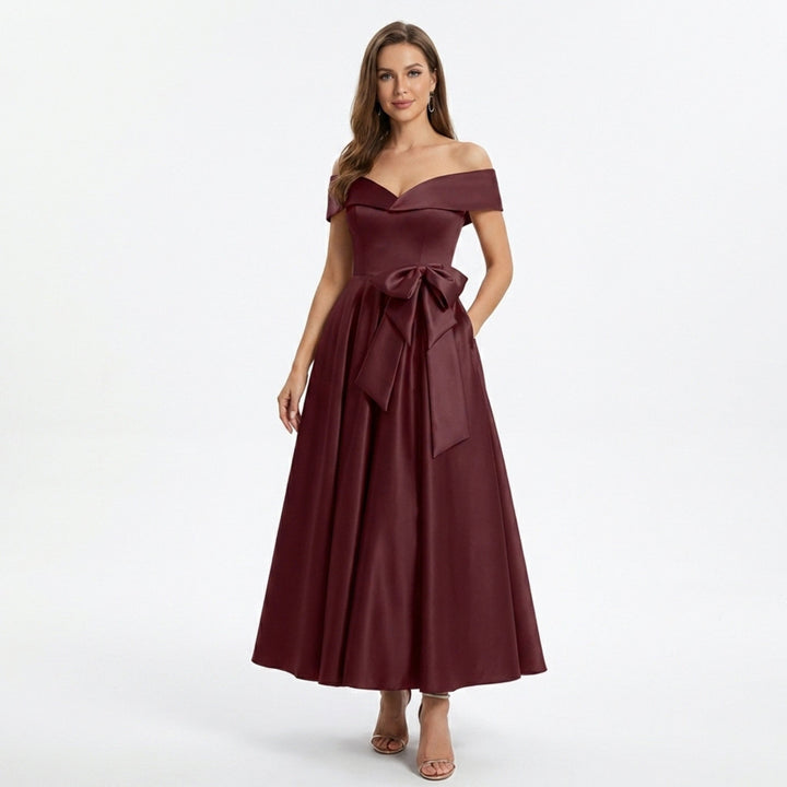 Women’s Off Shoulder Midi Dress – A Line Satin