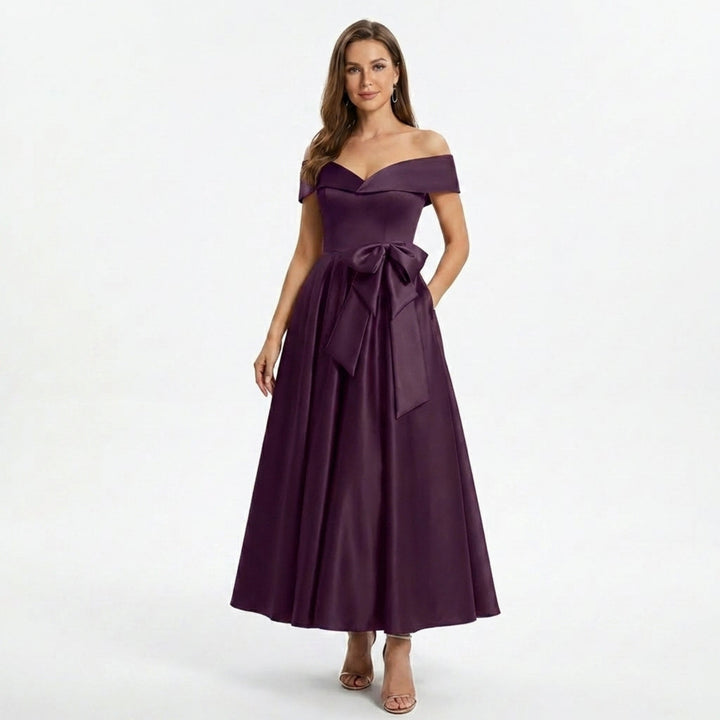 Women’s Off Shoulder Midi Dress – A Line Satin