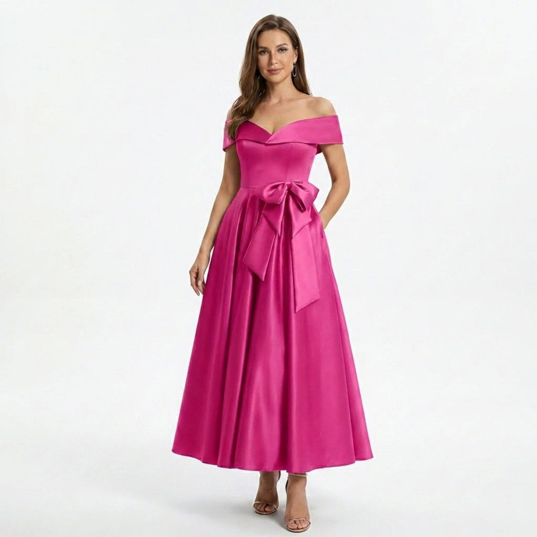 Women’s Off Shoulder Midi Dress – A Line Satin