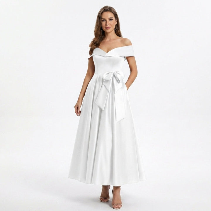Women’s Off Shoulder Midi Dress – A Line Satin