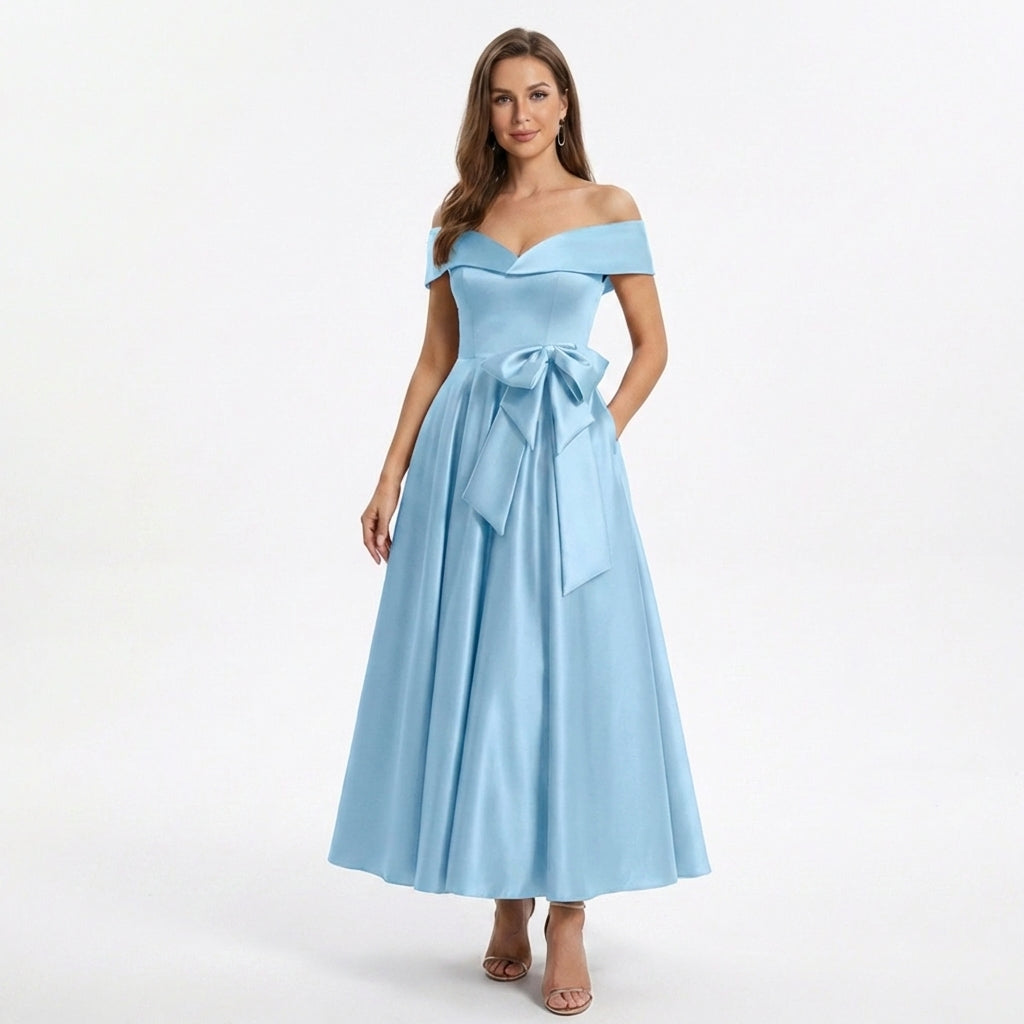 Women’s Off Shoulder Midi Dress – A Line Satin