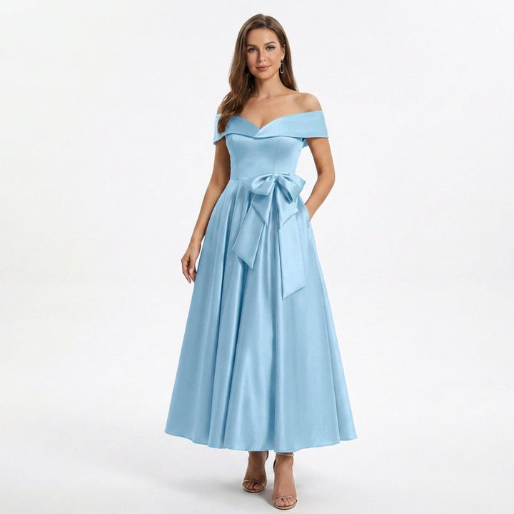Women’s Off Shoulder Midi Dress – A Line Satin