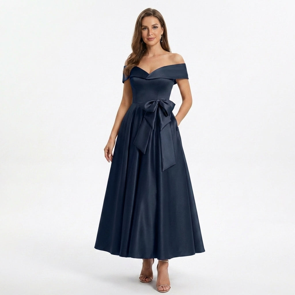 Women’s Off Shoulder Midi Dress – A Line Satin