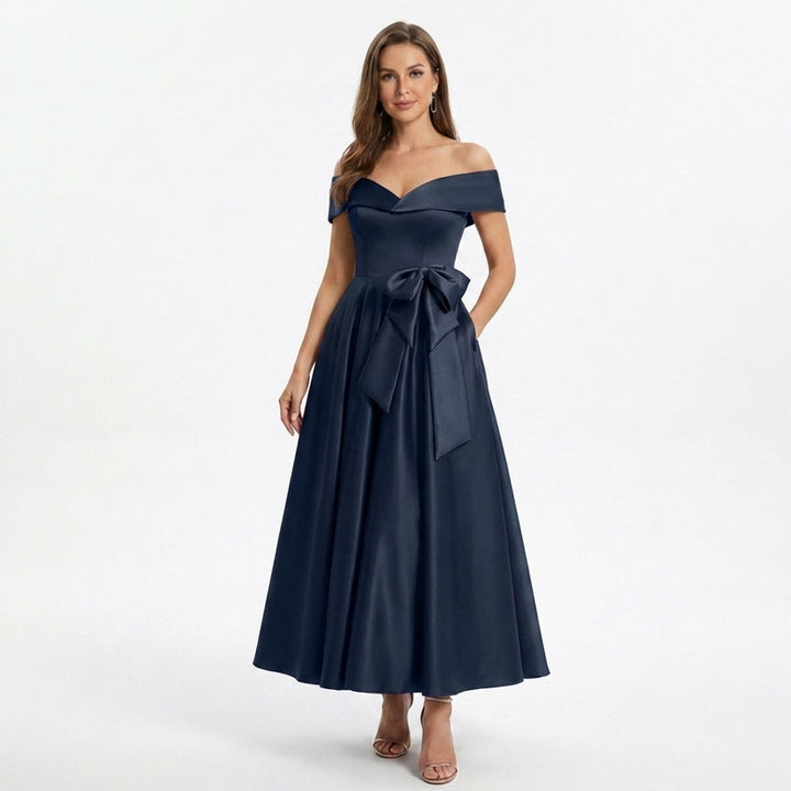 Women’s Off Shoulder Midi Dress – A Line Satin