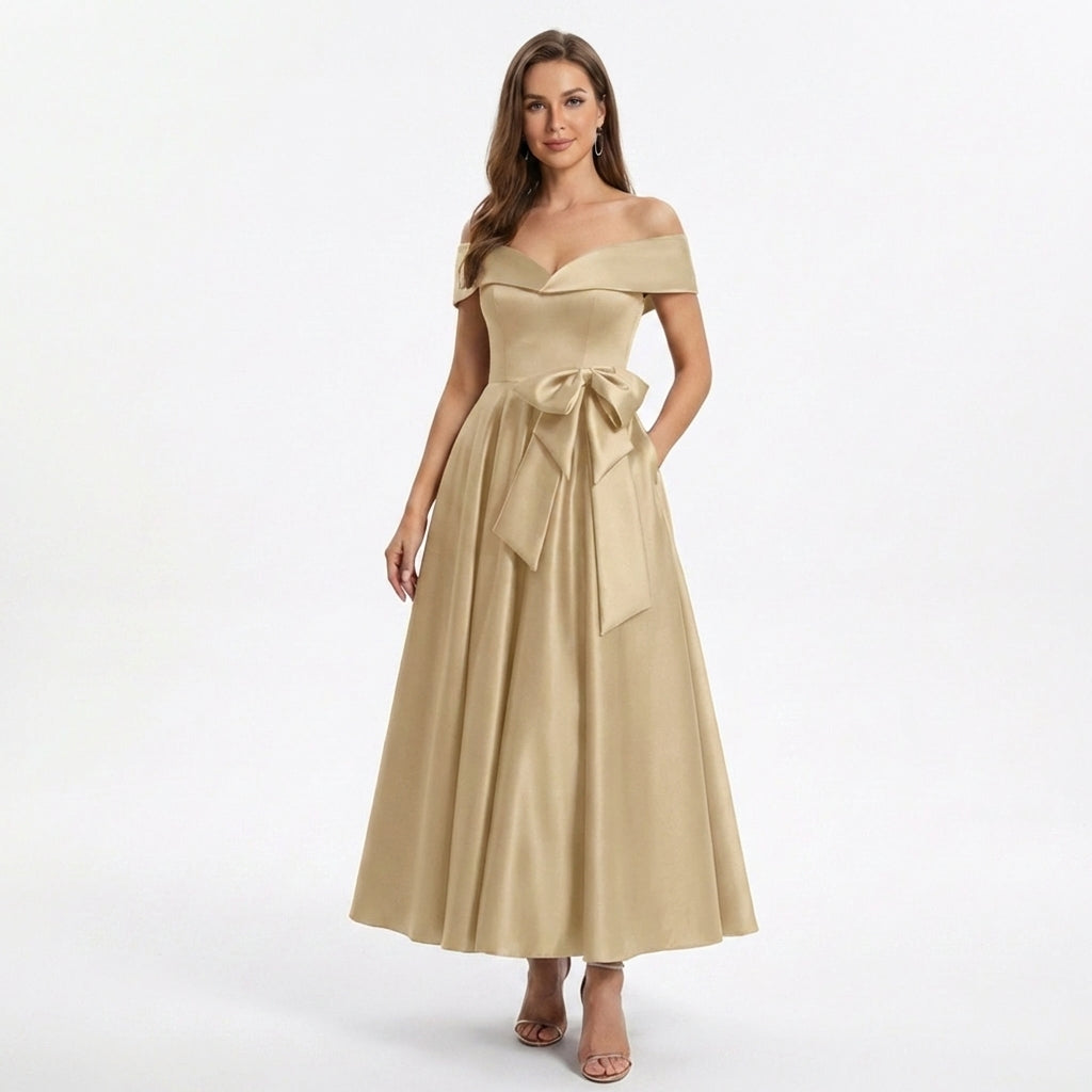 Women’s Off Shoulder Midi Dress – A Line Satin