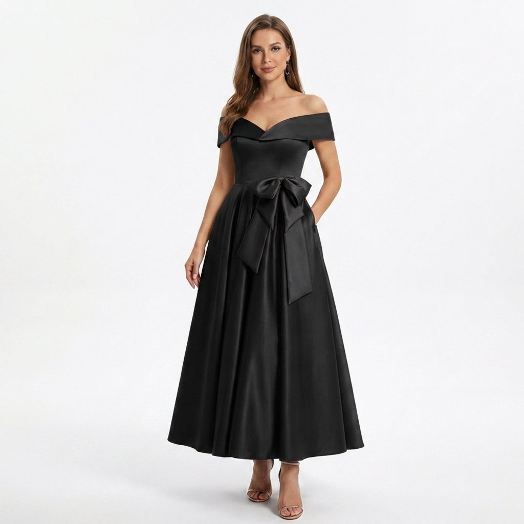 Women’s Off Shoulder Midi Dress – A Line Satin