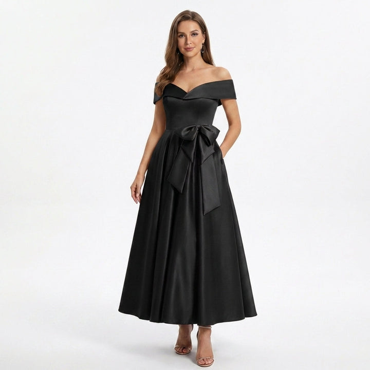 Women’s Off Shoulder Midi Dress – A Line Satin